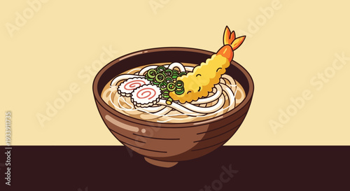 Delicious Shrimp Tempura Udon Noodle Soup Bowl