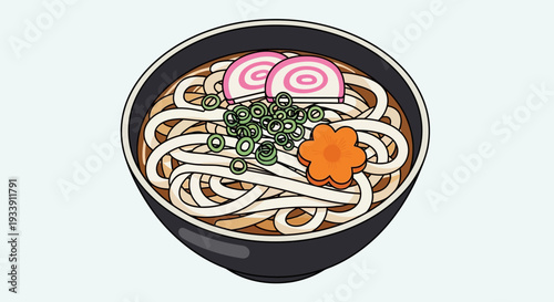 Japanese Udon Noodle Soup Bowl with Narutomaki and Green Onion