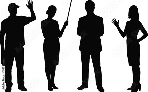 Business people and worker silhouettes collection, professional men and women in different poses, black vector illustration isolated on white background