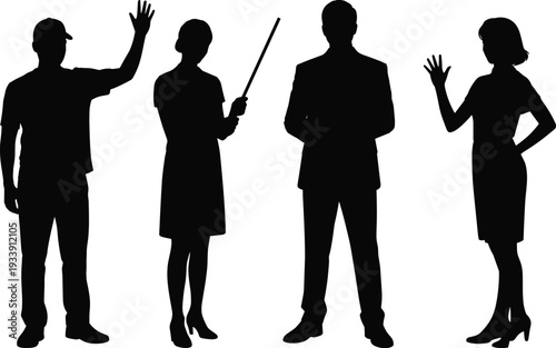 Business professionals and worker silhouettes set, men and women in corporate and casual poses, black vector illustration isolated on white background
