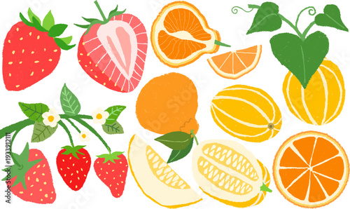 크레파스로 그린 것 같은 느낌의 다양한 과일 손그림 딸기 한라봉 참외