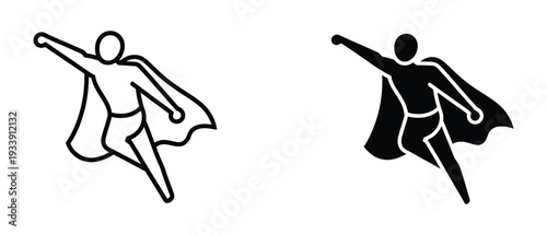 Superhero silhouettes action pose set with flying running jumping male figures in capes, black cutout icons for comic book design, posters, logos, and motion scenes