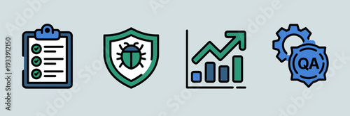 AI quality assurance icons with test checklist and bug shield – Perfect for software testing, systems engineering, or project management.