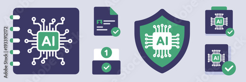 Minimalist research notebook icons with AI chip and documents – Ideal for university presentations, e-learning platforms, or data security.