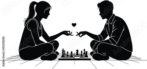 Black silhouette illustration of a young man and woman playing chess on the floor with a heart symbol isolated on white background for romance (25 words)