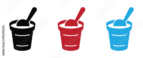 Stylized black icon of a paper cup filled with whipped cream and a spoon representing desserts and treats white background