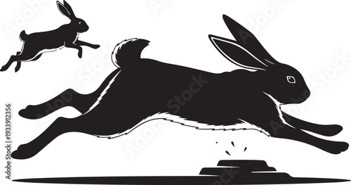 Two Rabbits Jumping Over Hurdle in Black Silhouette Style