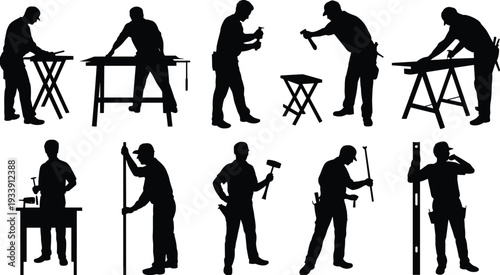 Carpenter and construction worker silhouettes collection, craftsmen using hammer, saw and level at workbench and sawhorse, black vector illustration isolated on white background