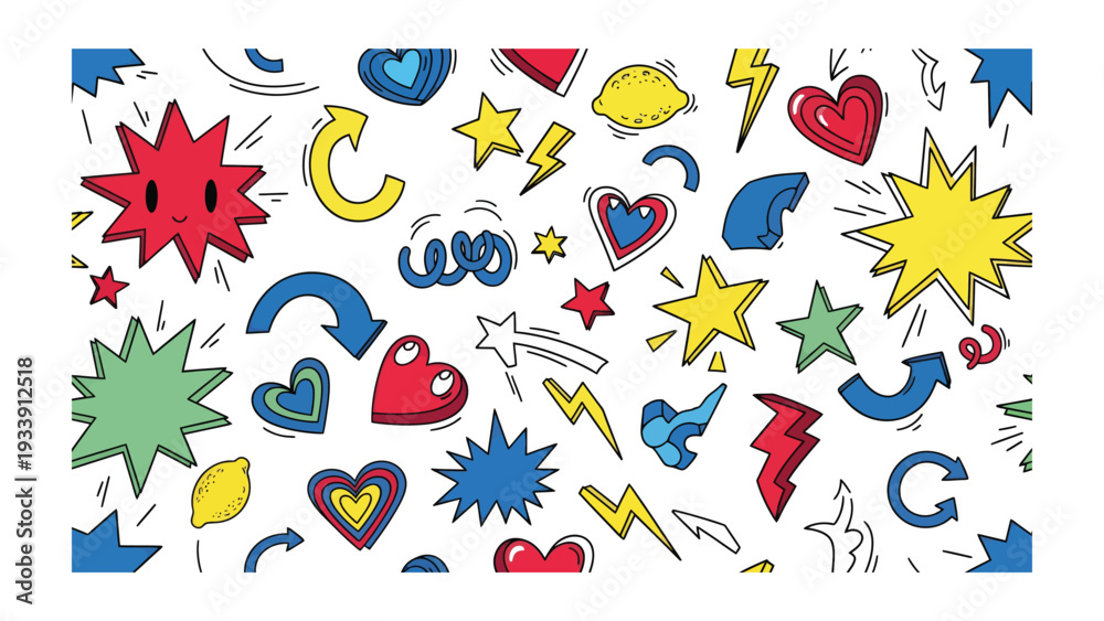 Obraz premium Playful Chaos: A vibrant composition of whimsical doodles and dynamic elements. Explosions of color and shape burst across the canvas, celebrating a symphony of playful creativity.