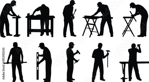 Carpenter and builder silhouettes set, construction workers using hammer, saw and level at workbench and sawhorse, black vector illustration isolated on white background