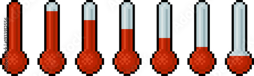 Pixel art thermometer gauge video game asset UI in retro 8 bit style. Temperature or other level indicator with fill stages fantasy video game HUD, survival mechanics, status effects interface design.