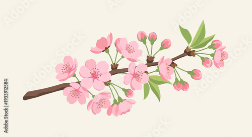 Cherry Blossom Branch with Pink Flowers and Green Leaves