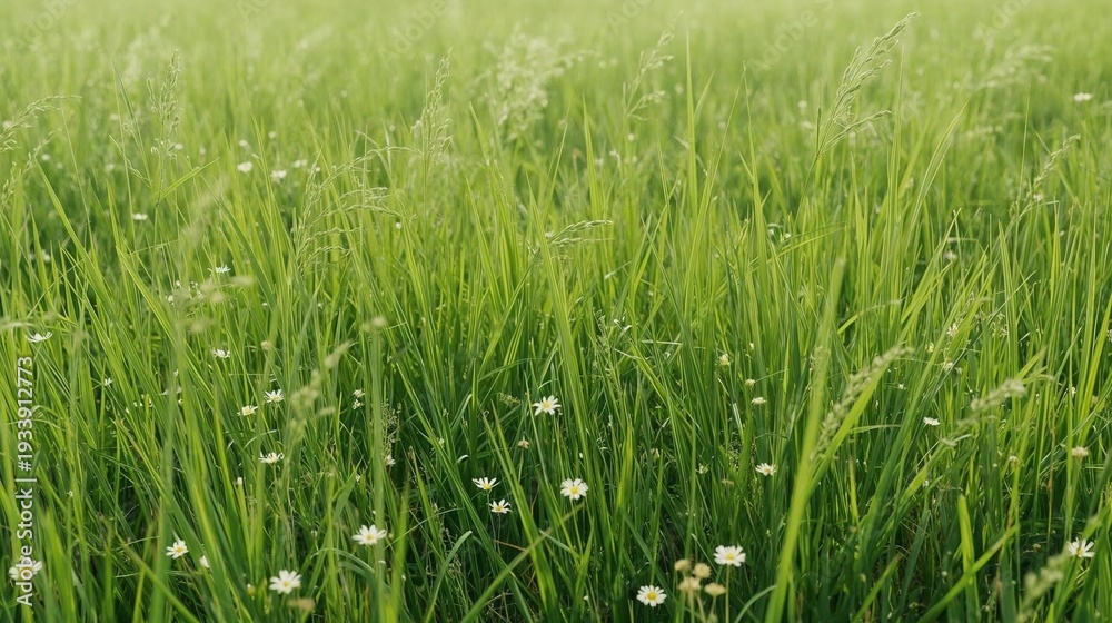 Obraz premium Fresh Green Grass Meadow with Small White Wildflowers – Natural Spring Field Background