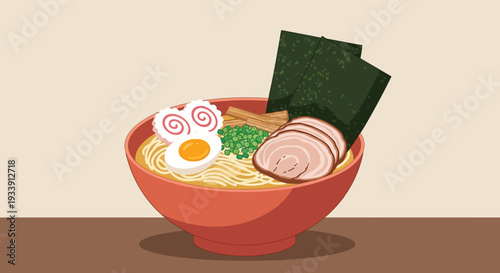 Japanese Ramen Bowl with Noodles, Pork, Egg, and Seaweed