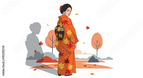 Japanese Woman in Orange Kimono Autumn Leaves