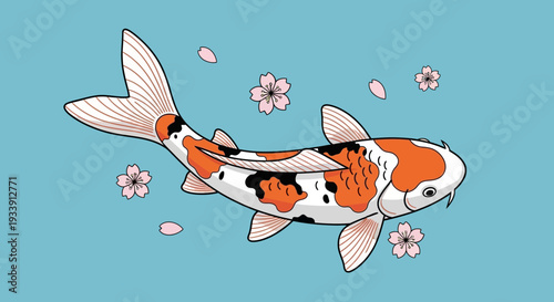 Koi fish swimming with cherry blossoms, Japanese art style
