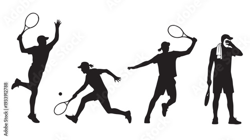 Tennis Players Silhouettes in Action on White Background