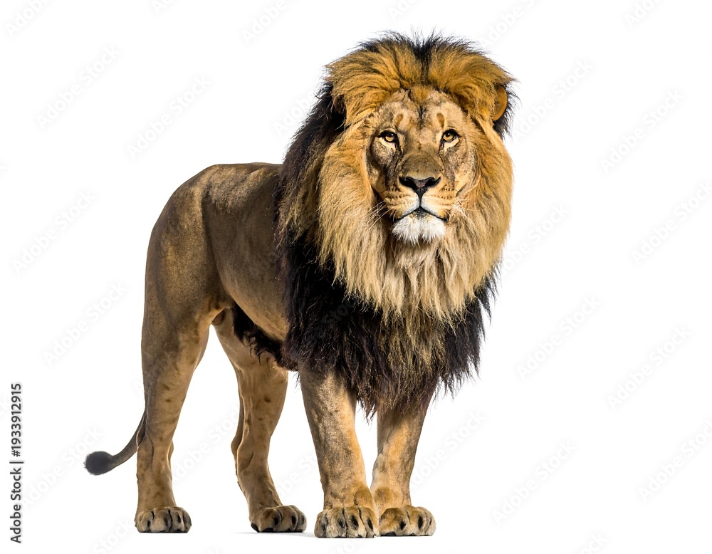 Fototapeta premium Regal male lion stands proudly, facing the viewer with a commanding presence