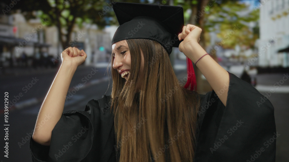 Fototapeta premium Young woman in academic gown dancing with raised fists on bustling city street; achievement moment celebration joy.