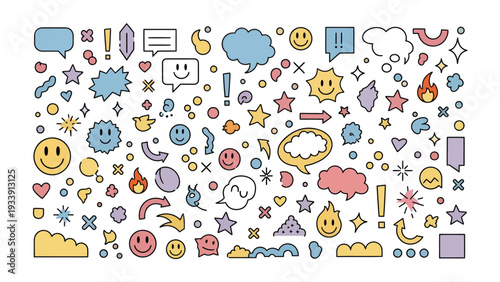 Expressive Array: A vibrant collage of graphic resources, capturing the essence of various moods, thoughts, and symbols. Perfect for injecting personality and flair into your digital content.