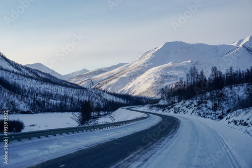 The Kolyma Highway in the mountains in winter