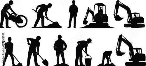 Construction worker and excavator silhouettes set, industrial laborers digging and operating heavy machinery equipment, black vector illustration isolated on white background