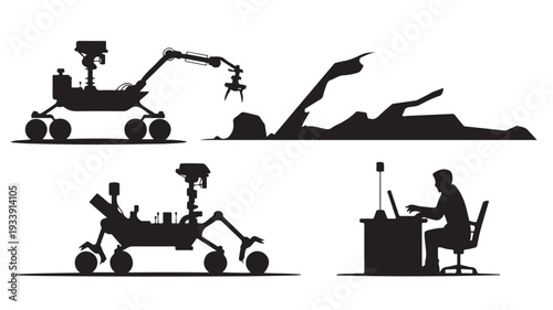 Robot Silhouette Working on Mars Surface with Astronaut and Scientist at Desk