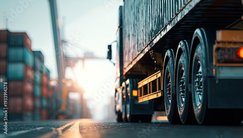 A close-up view of a truck on the road, with shipping containers visible in the distance