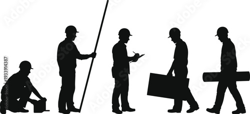 Construction worker silhouettes set, industrial labor team in different poses with tools and equipment, black vector illustration isolated on white background