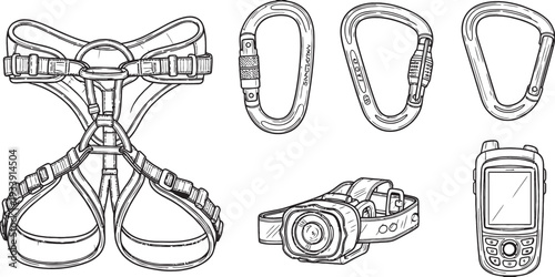 Line art illustration of essential climbing and outdoor adventure gear including a harness, carabiners, headlamp, and GPS device.