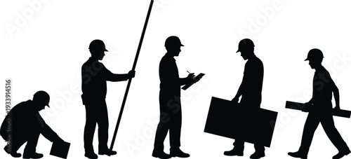 Construction worker silhouettes collection, professional builders carrying materials and tools, industrial labor black vector illustration isolated on white background