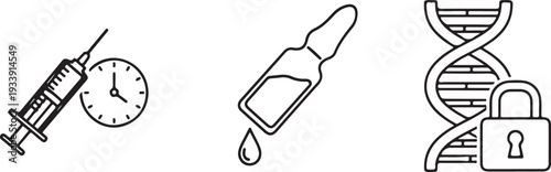 Medical Icons: Syringe Clock Ampoule Droplet DNA Lock Isolated on white background