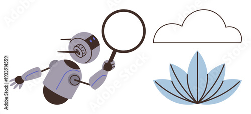 Artificial intelligence, machine learning, mindfulness, nature and technology, environmental studies, digital research. Robot analyzing cloud and lotus symbols. AI exploration and mindfulness concept