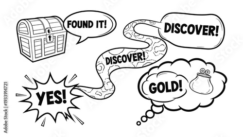 Hidden Treasure Hunt: An illustrated scene unfolds, a treasure chest, winding path, and speech bubbles ignite curiosity, promising discovery, adventure and riches.