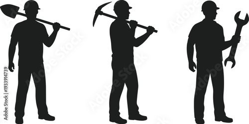 Construction worker silhouettes with tools set, industrial laborers holding shovel, pickaxe and wrench, black vector illustration isolated on white background