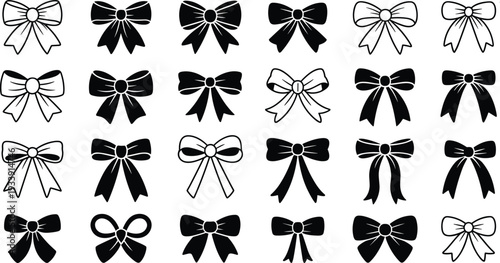 Bow silhouette icon illustration showing decorative ribbon designs, various shapes, knots, tails, fashion accessory, gift wrapping, and ornamental artwork.