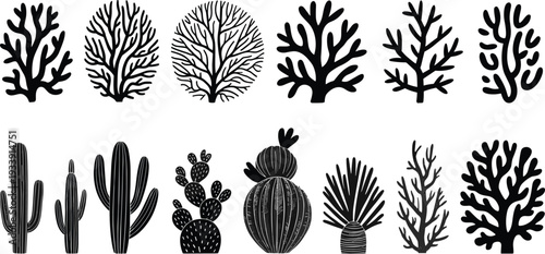 Black silhouette vector set of organic coral reef elements and desert cactus plants isolated on white background for nature design.