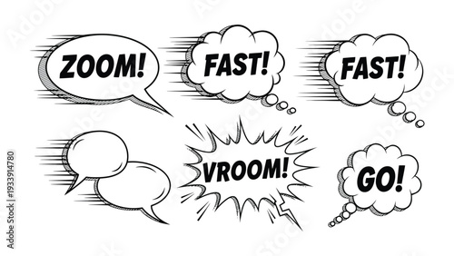 Comic Speech Bubbles: Dynamic black and white speech bubbles convey motion, speed, and excitement, perfect for creative projects.