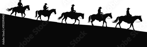 Cowboy horse rider silhouette illustration showing five individuals riding in line, western theme, equestrian motion, travel, adventure, and exploration concept.