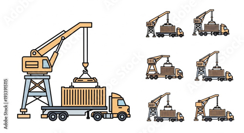 Industrial Crane Lifting Shipping Container onto Truck at Port.