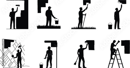 House painter silhouettes set, professional workers painting interior and exterior walls with rollers and ladders, black vector illustration isolated on white background