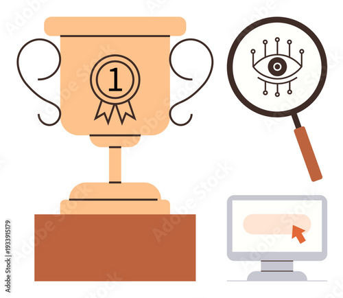 Achievement, competition, analytics, technology, online awards, evaluation. Gold trophy, magnifying glass with digital eye and computer screen with cursor. Achievement and competition