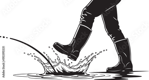 Person wearing boots kicking water puddle with splash effect