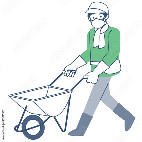 一輪車を押す男性