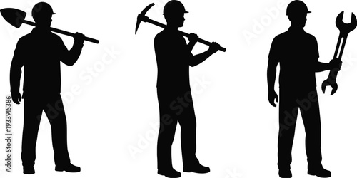 Industrial worker silhouettes with shovel, pickaxe and wrench tools, construction laborers set in different poses, black vector illustration isolated on white background