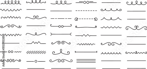 A collection of various hand-drawn line dividers, borders, and decorative elements in doodle style, including wavy, zigzag, straight, dashed, and curly lines for design.