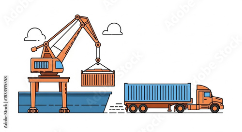 Industrial crane loading shipping container onto truck at port.