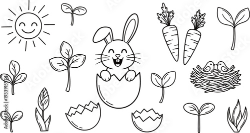 Black and white line art illustration of spring and Easter elements including a bunny in an egg, sun, plants, carrots, and a bird's nest.