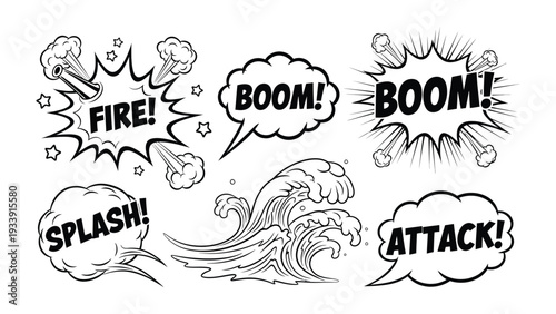 Comic Book Blast: A dynamic collection of vibrant comic book elements, featuring bold sound effects and a striking depiction of a wave.