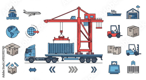 Industrial Crane Loading Shipping Container onto Truck at Port.